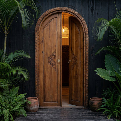 Porta Pahat — porta madeira teca esculpida — decoração étnica — Balai